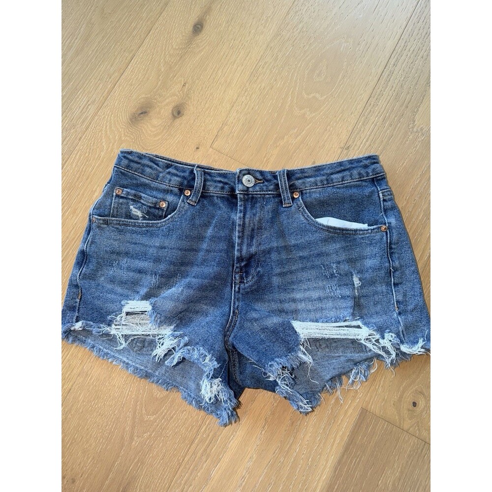 Almost Famous Womens Distressed Denim Shorts Reg Wash Blue Size 9 Juniors